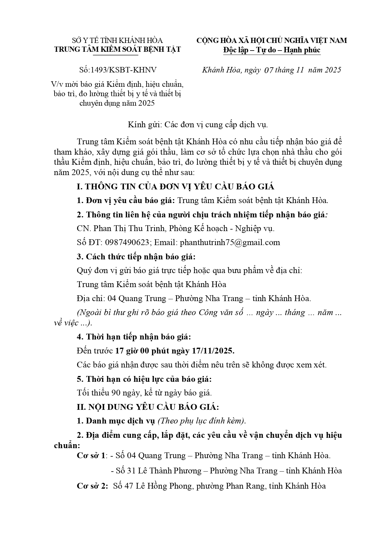 V/v mời báo giá Kiểm định, hiệu chuẩn, bảo trì, đo lường thiết bị y tế và thiết bị chuyên dụng năm 2025